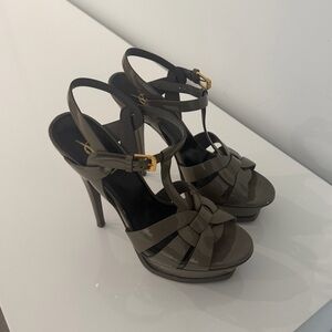 Saint Laurent Taupe Patent Leather Strappy Platform Sandals